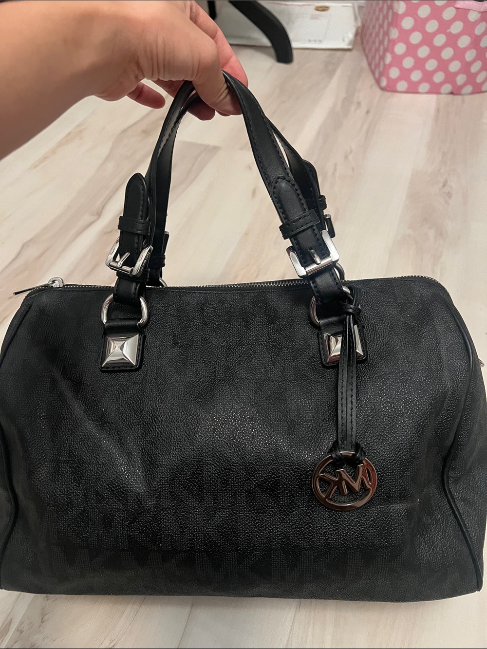Michael Kors Black Leather Satchel with Logo Charm